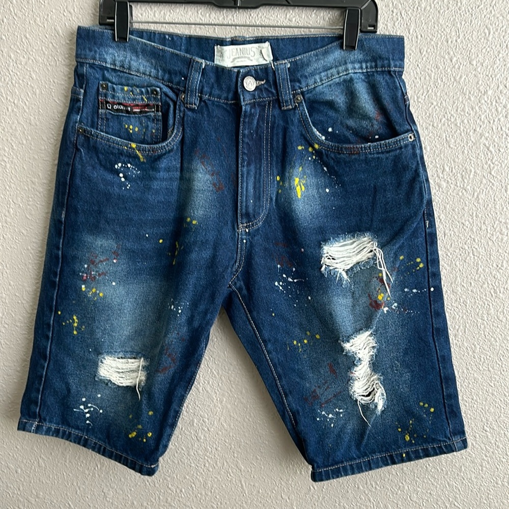 Akademiks Jeanius splatter paint distressed‎ denim shorts